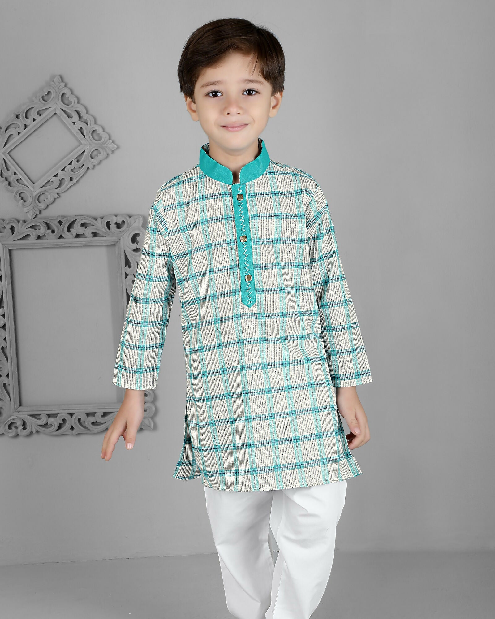 Joban Fashion Kids Island Cotton Full Sleeves Striped Kurta and Pyjama- Teal Blue | Grocsy