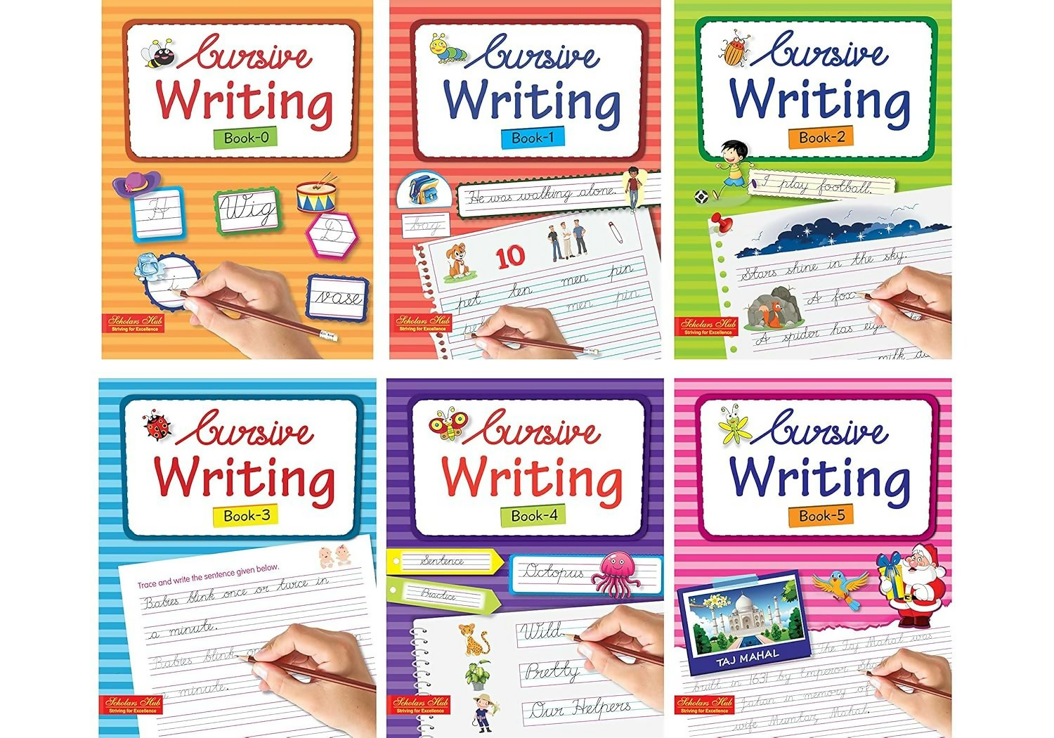 Scholars Hub Cursive Writing Books Combo (Vol. 0-5) (Capital Letters, Small Letters, Word Family & Sentences ) | Set Of 6 Books | 260 Pages | Grocsy