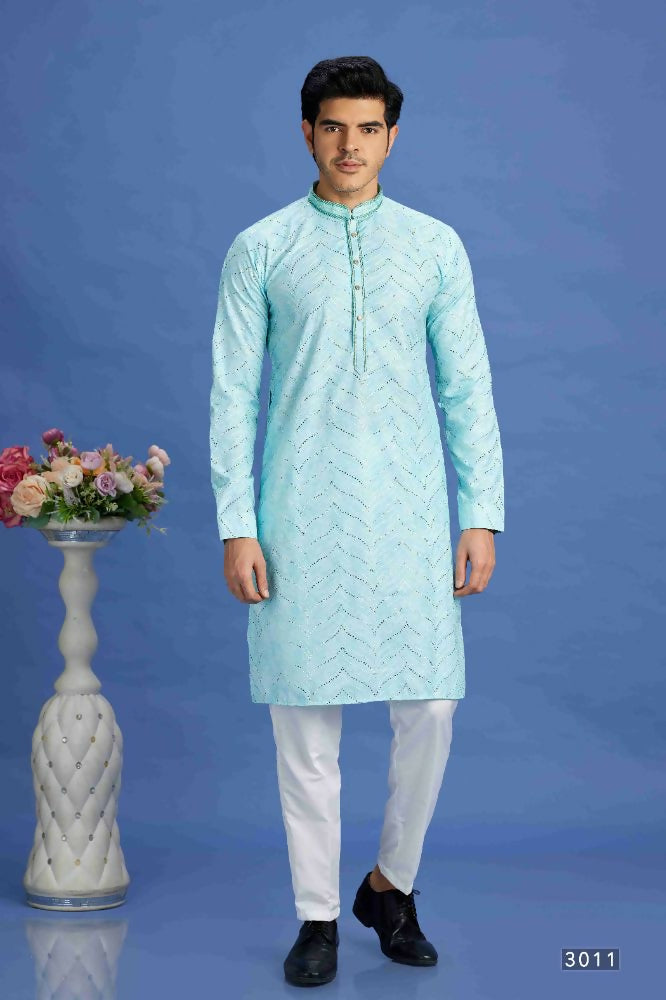Raivat Ethnic Cotton Embroidery Kurta Pajama In Sky Blue Colour | Grocsy