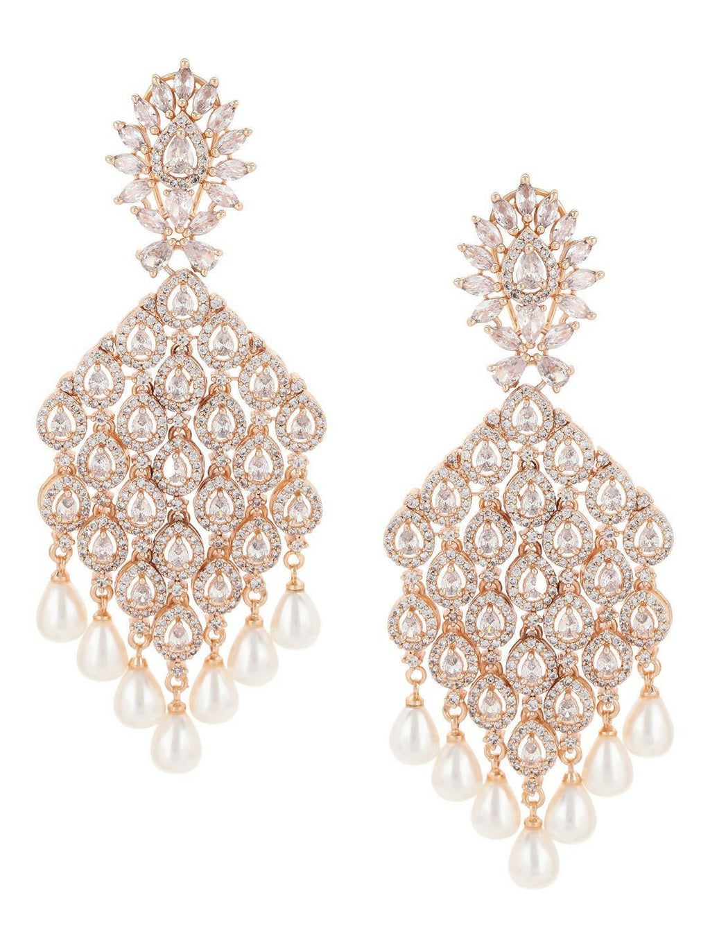 Rose Gold Long Earrings with Pearl Drops- Ruby Raang | Grocsy