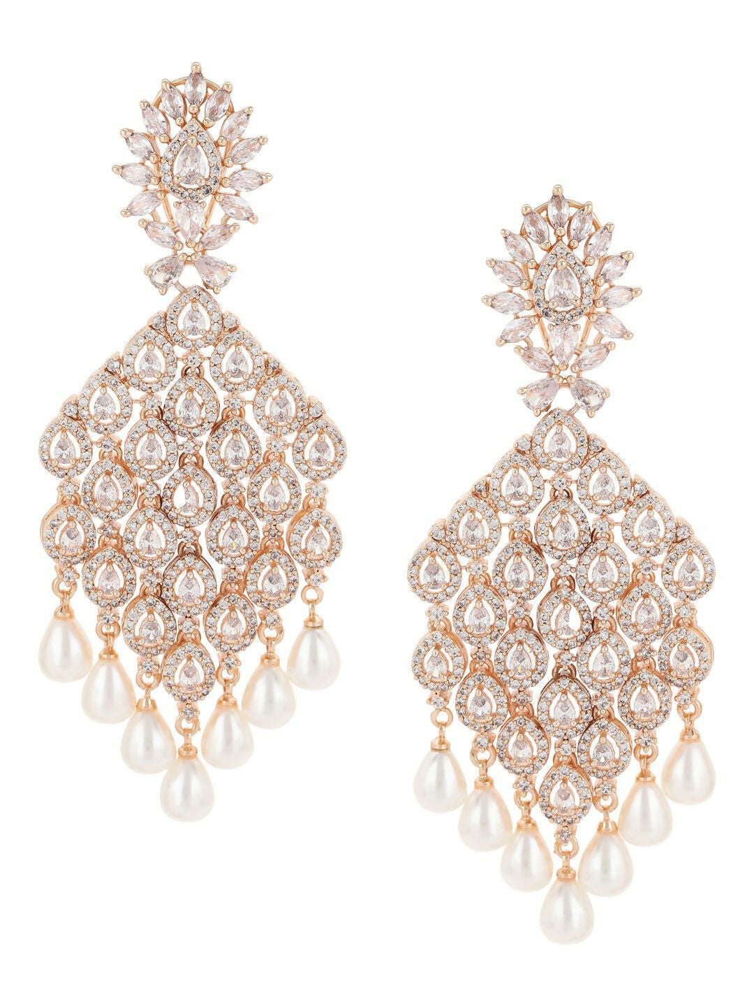 Rose Gold Long Earrings with Pearl Drops- Ruby Raang | Grocsy