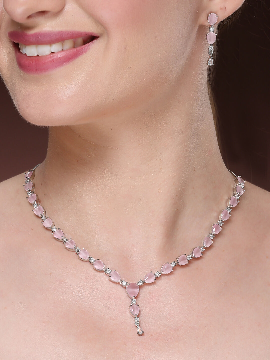 NVR Women's Silver-Plated Pink CZ-Studded Handcrafted Jewellery Set | Grocsy