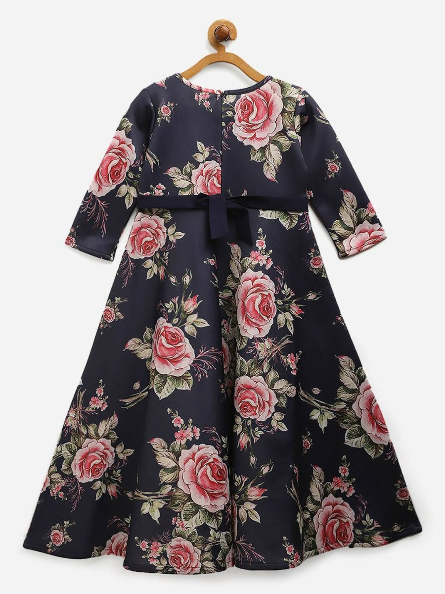Ahalyaa Navy Blue Digital Print Floral Kids Dress For Girls | Grocsy