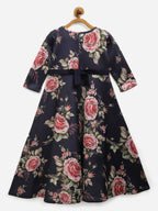 Ahalyaa Navy Blue Digital Print Floral Kids Dress For Girls | Grocsy