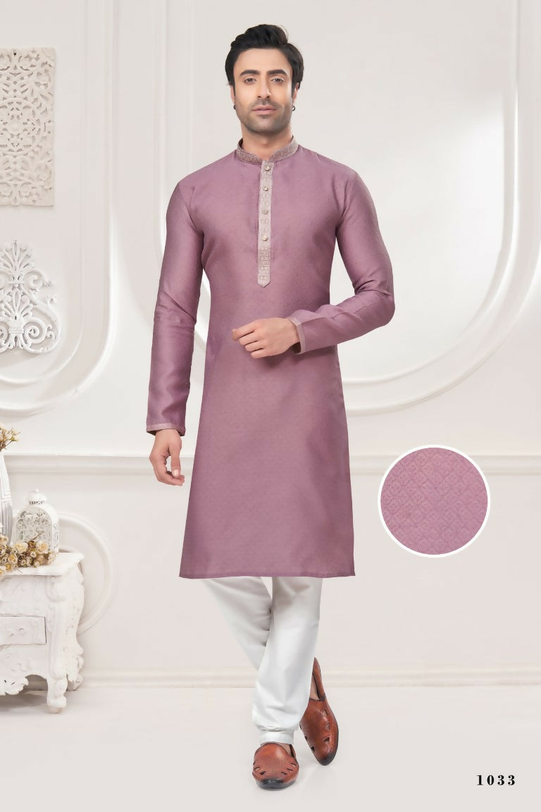 Functional Designer Men's Light Purple Jacquard Kurta With Pant - Rudra | Grocsy