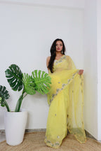 Vamsee Meera Yellow Organza Saree | Grocsy