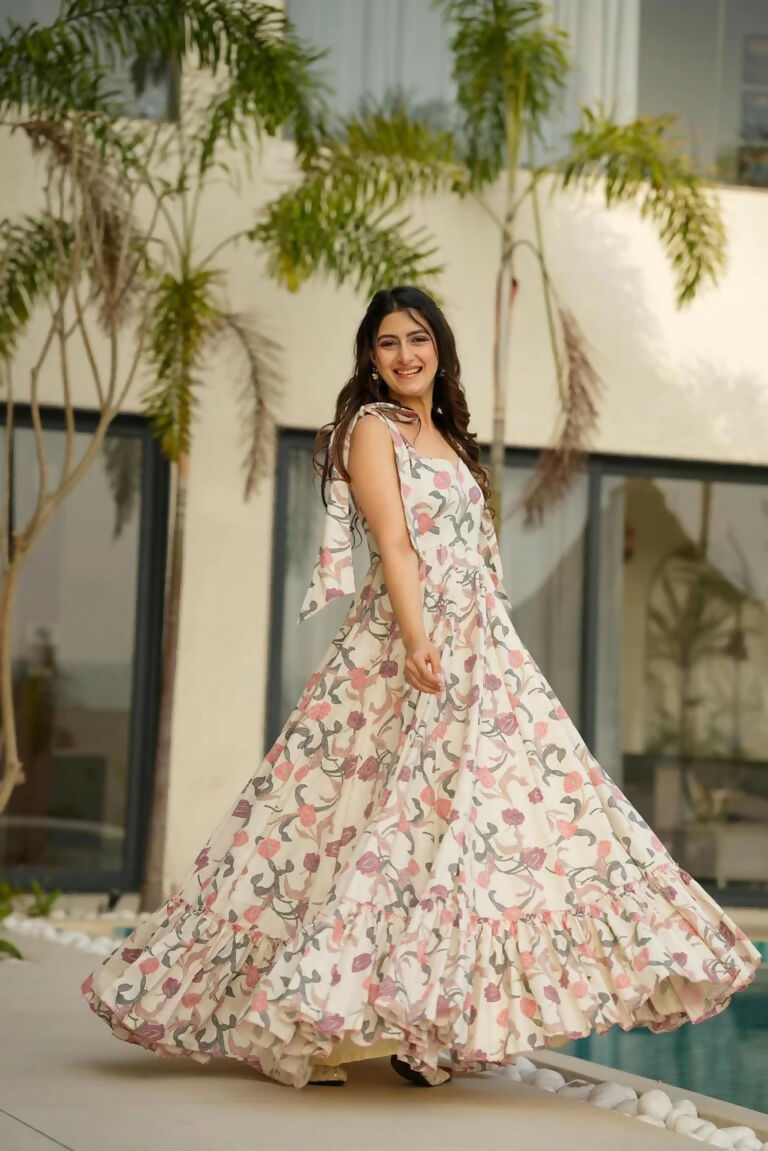 Aayaa Designer Cambric Cotton Printed Full Flaired Gown - Multi Color | Grocsy