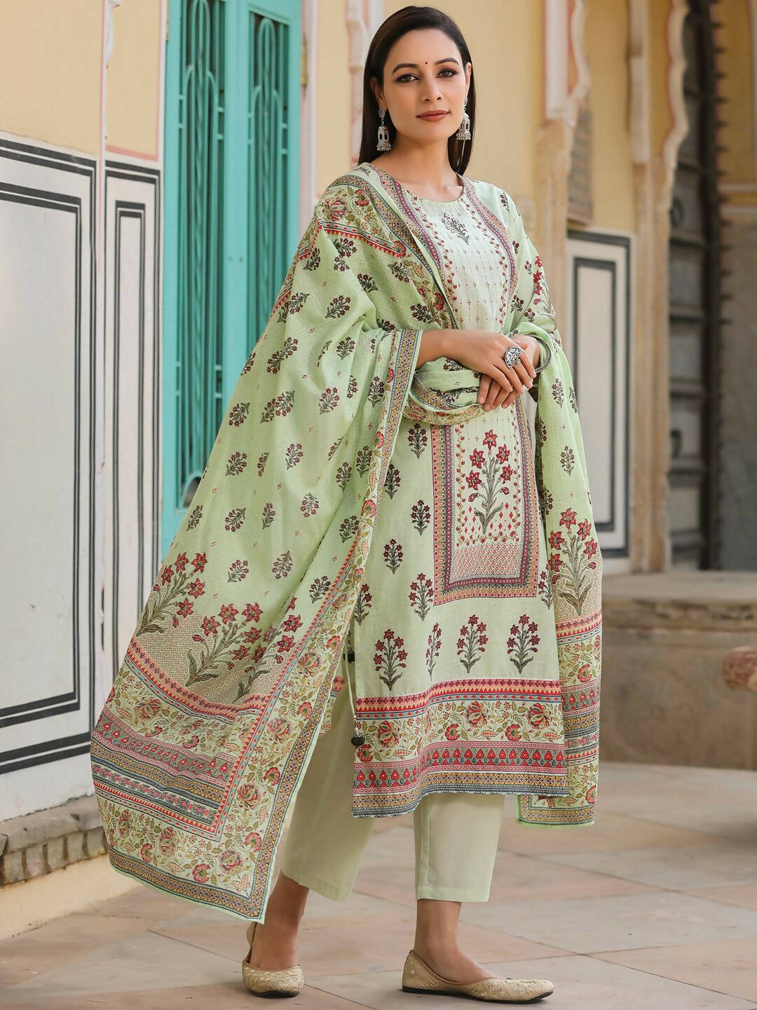 Juniper Women's Lime Green Cambric Floral Placement Printed Straight Fit Kurta Sets | Grocsy