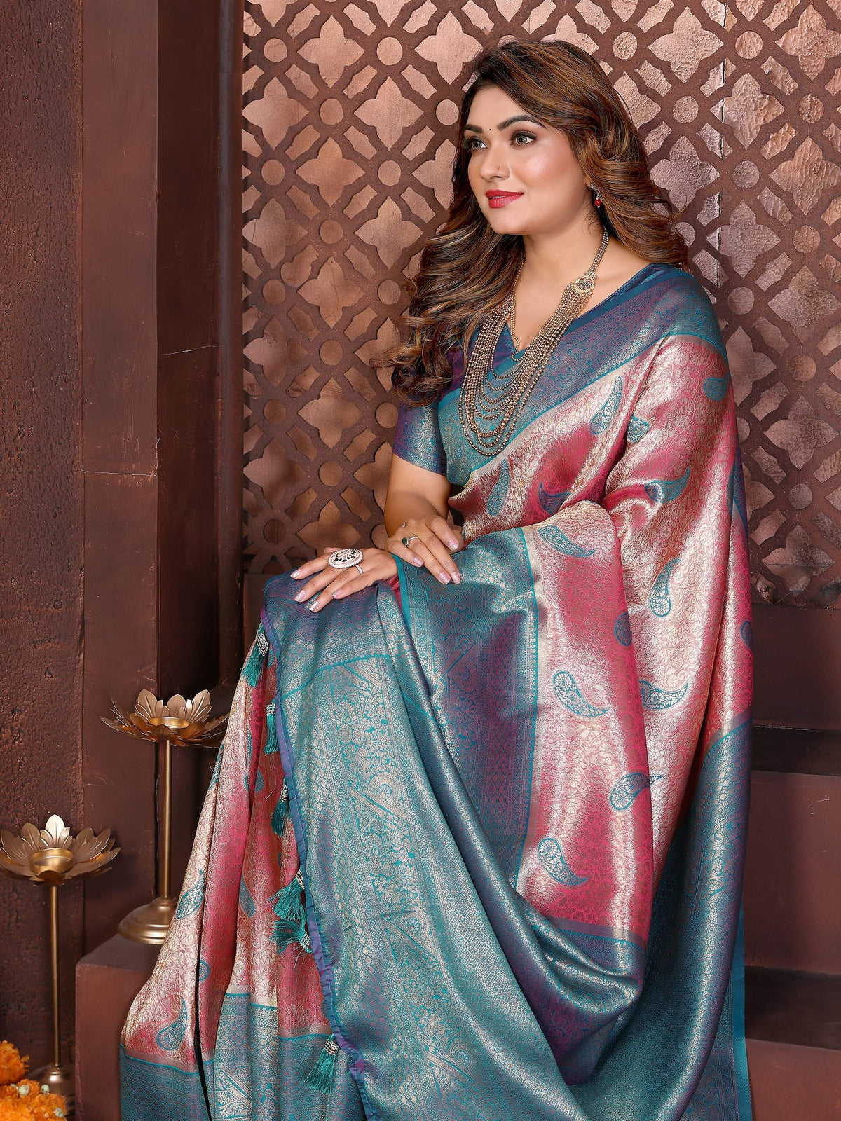 Aastha Fashion Magenta Tissue Silk Weaving Saree | Grocsy