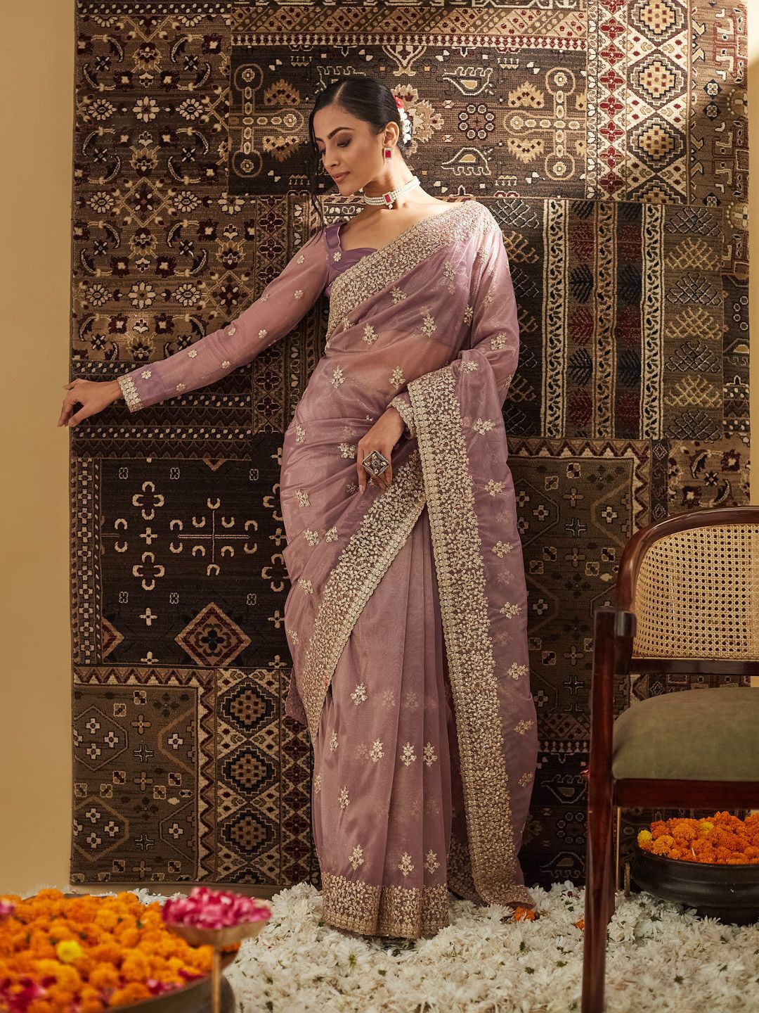 kasee Floral Zardozi Supernet Saree | Grocsy
