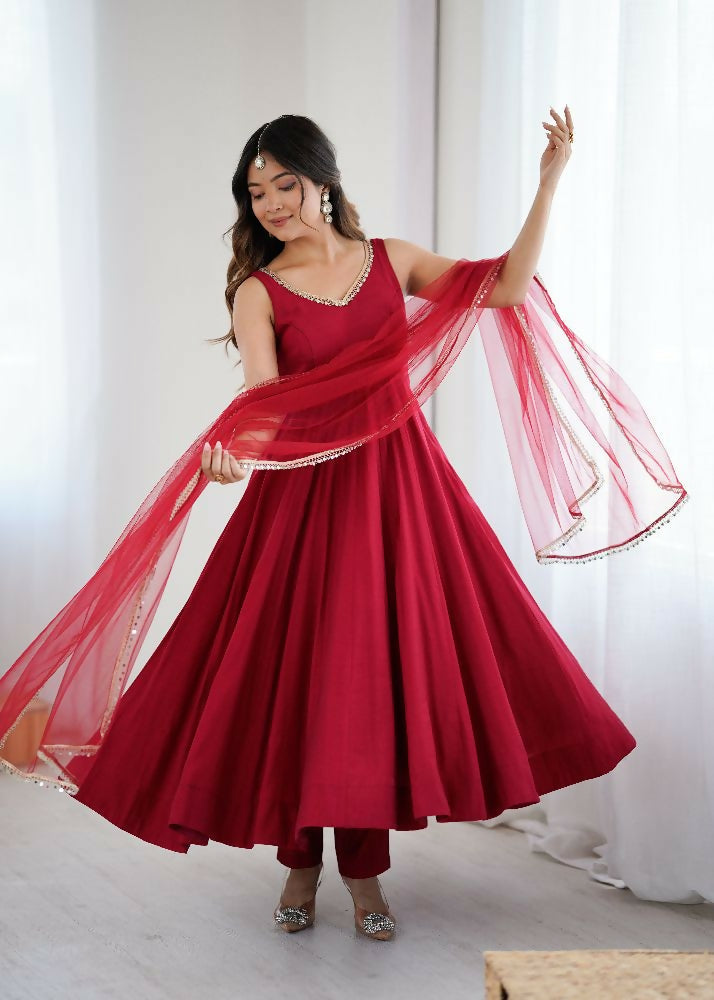 Joban Fashion Maroon Kurta Set Chanderi Sequence Embroidery Work | Grocsy