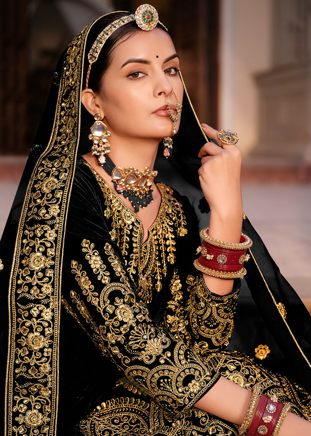 Black Velvet Front & Back Embroidery Wedding Anarkali Suit - Emponline | Grocsy