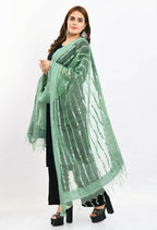 Mominos Fashion Moeza Women's Orgenza Mirror Stripe Thread Work Pista Green Dupatta | Grocsy