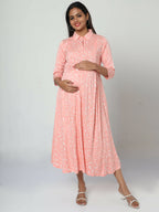 Manet Three Fourth Maternity Dress White Dot Print With Concealed Zipper Nursing Access - Pink | Grocsy