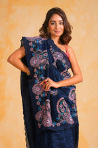 Vamsee Suhanisha Navy Blue Korean Shimmer Silk Saree | Grocsy