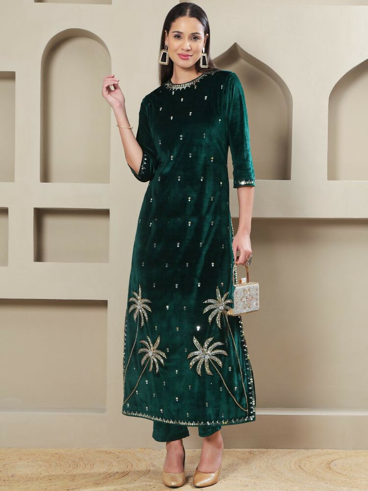 Joban Fashion Women Green Velvet Hand Embellishment Stitched Kurta Set | Grocsy