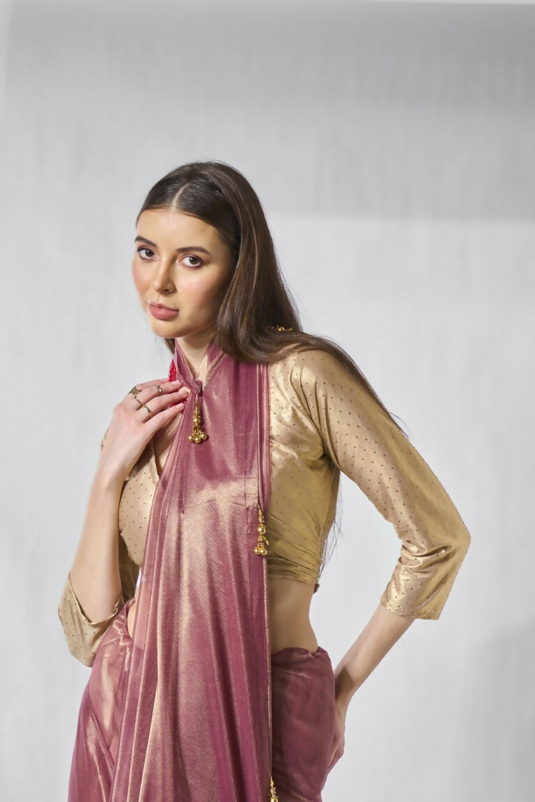 Onion Gold Tissue Net Solid & Gold Cotted Saree - Samaa | Grocsy