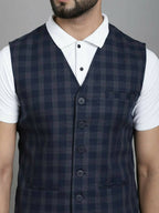 Even Apparels Checked Waistcoat With Welt Pockets - Navy Blue | Grocsy