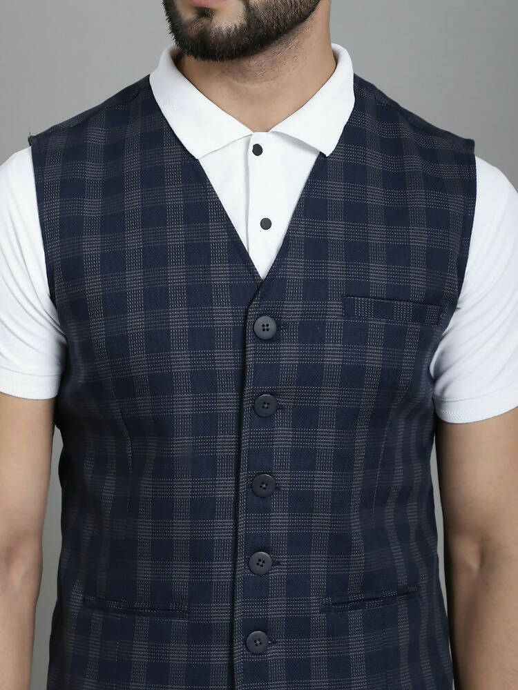 Even Apparels Checked Waistcoat With Welt Pockets - Navy Blue | Grocsy