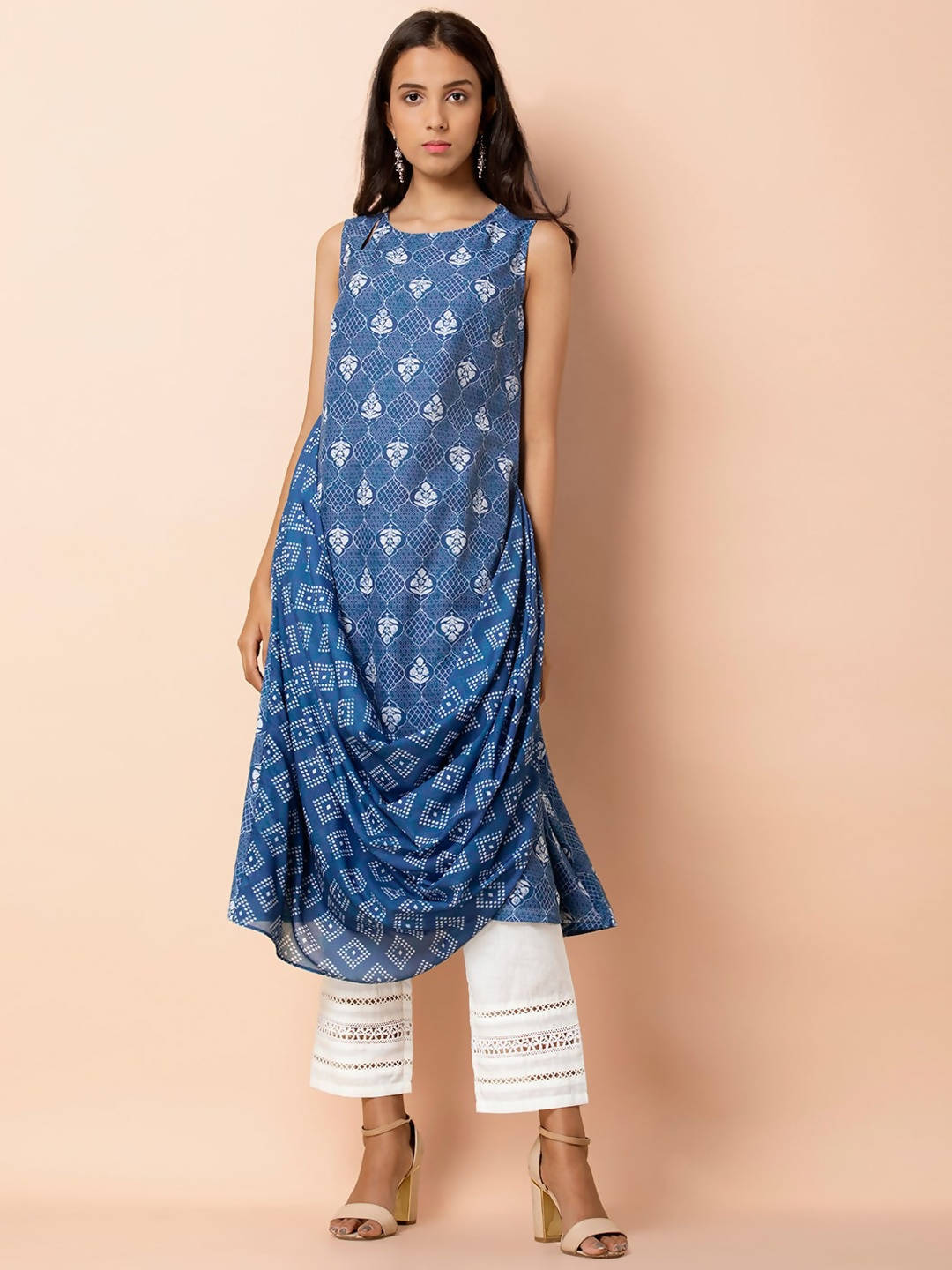 Indya Blue & White Printed A-Line Kurta | Grocsy
