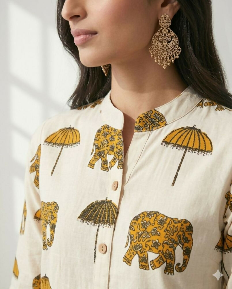 Teeya Creation Women New Trendy Off-White & Mustard Yellow Elephant Print Cotton Kurta with Palazzos | Grocsy