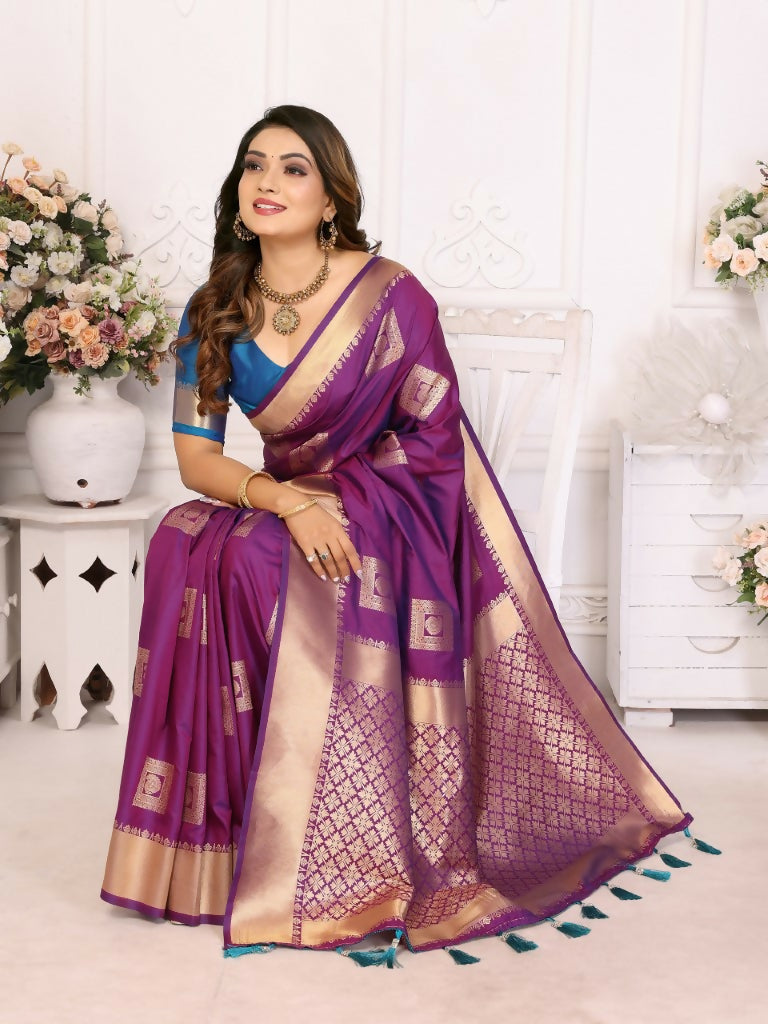 Anaita Purple Soft Silk With Zari Weaving Borders Saree With Blouse | Grocsy