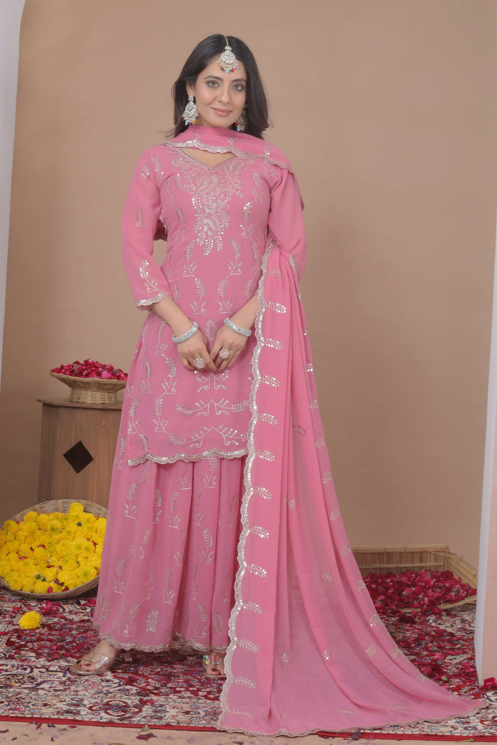 The52 Women's Gorgeous Embroidery Work Fox Georgette Fabric Straight Kurta Sharara and Dupatta Set | Grocsy