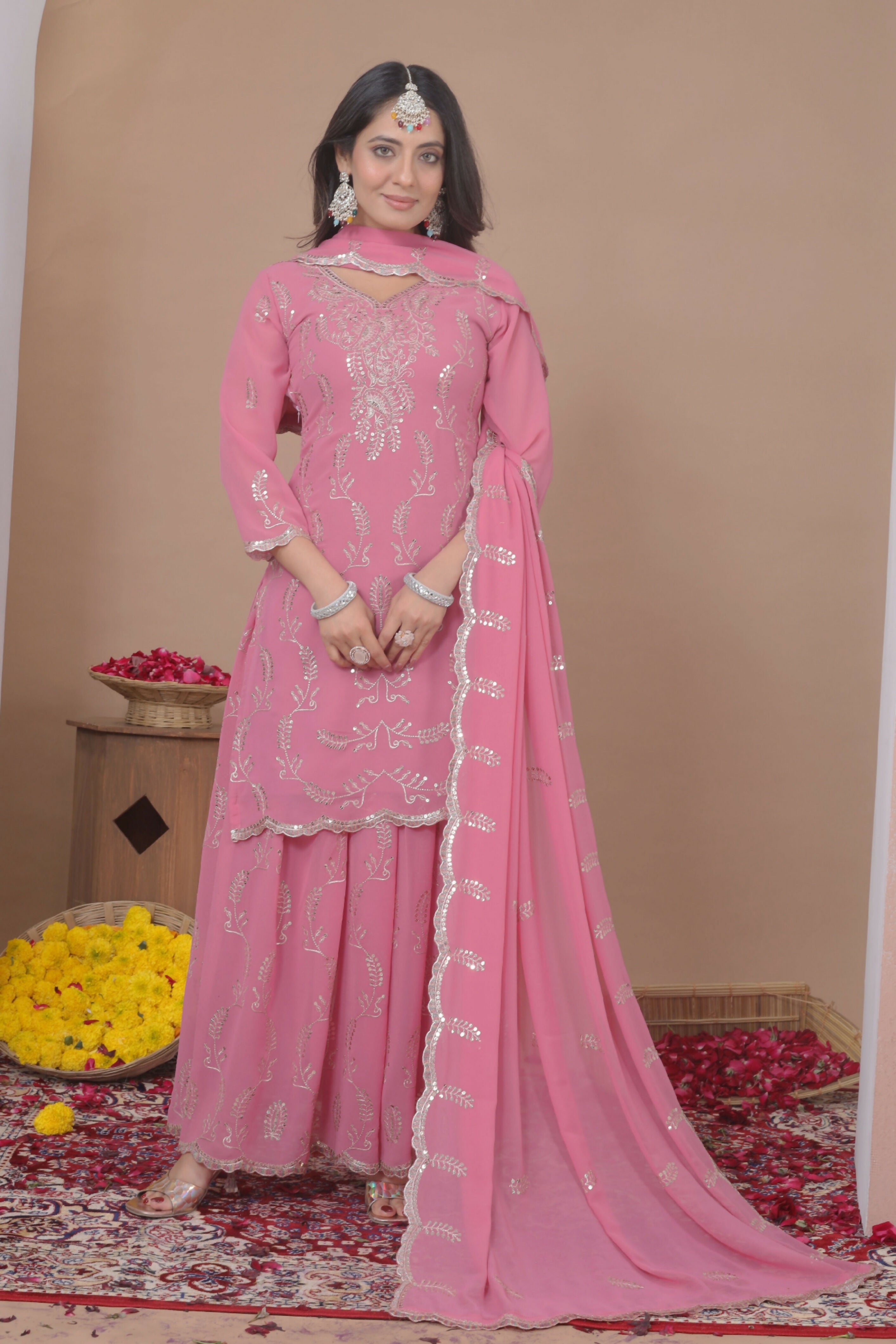 The52 Women's Gorgeous Embroidery Work Fox Georgette Fabric Straight Kurta Sharara and Dupatta Set | Grocsy