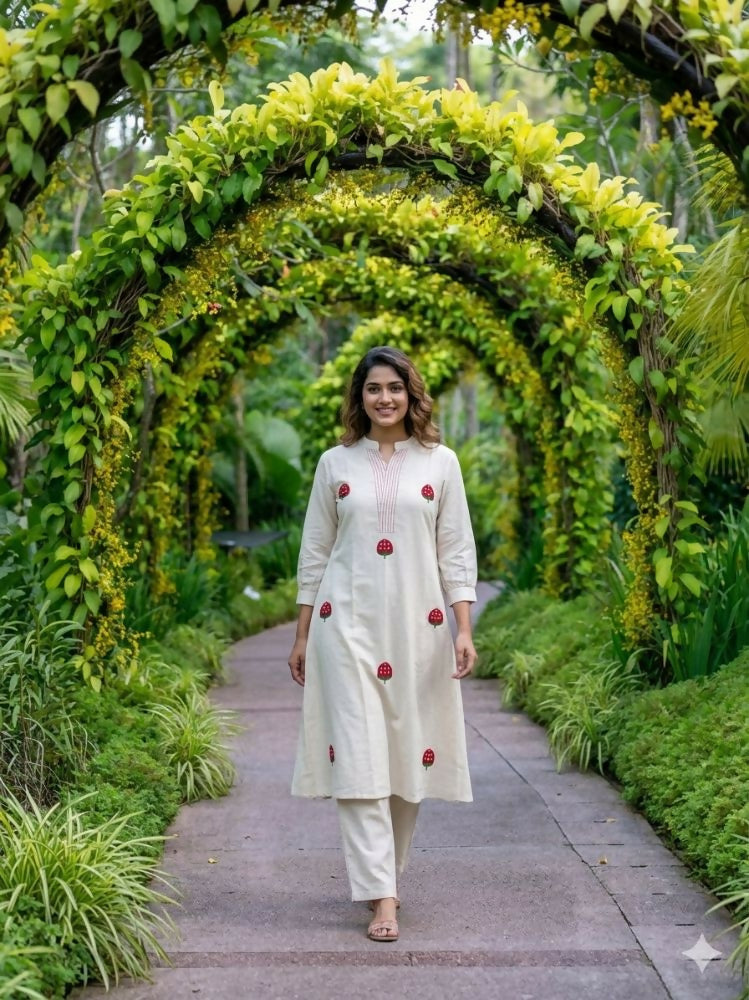 Teeya Creation New Latest Women Off-White & Red Embroidered Cotton A-Line Kurta with Trousers | Grocsy