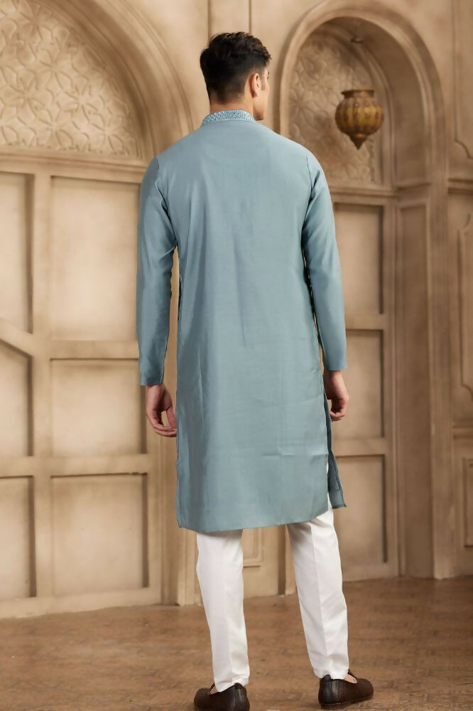 Raivat Ethnic Banarasi Art Silk Mirror Work Kurta Pajama In Grey Colour | Grocsy