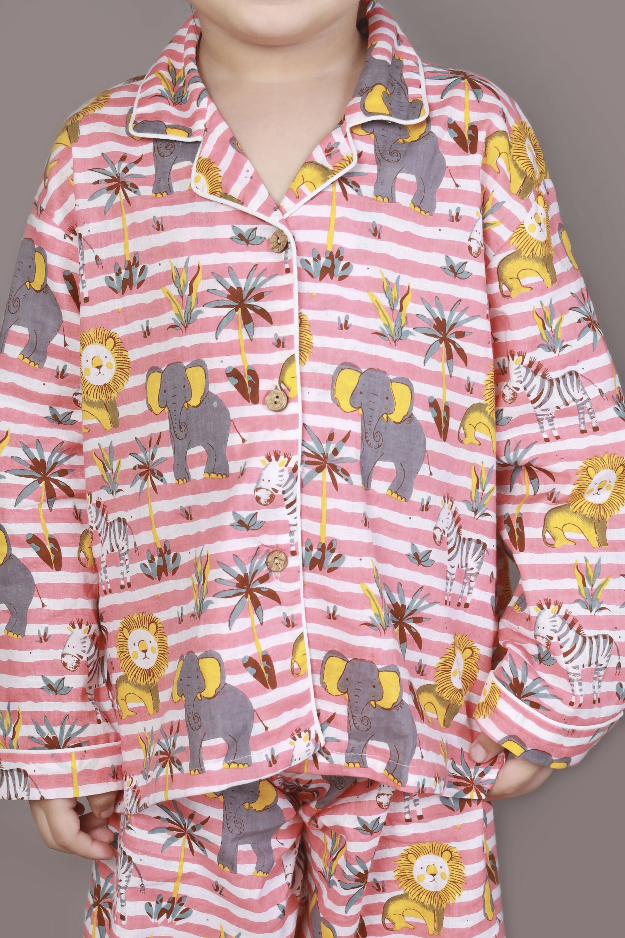 Breathables Kids Cotton Night Suit – Red & White Jungle Stripe Shirt & Pyjama Co-Ord Set For Boys & Girls | Grocsy