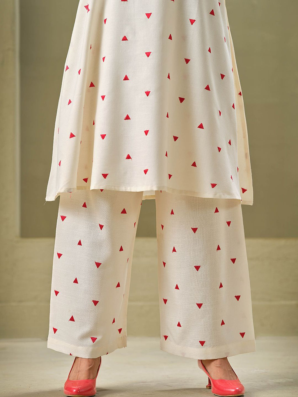 Sangria Off White Geometric Printed Round Neck A-Line Pure Cotton Kurta With Palazzos | Grocsy