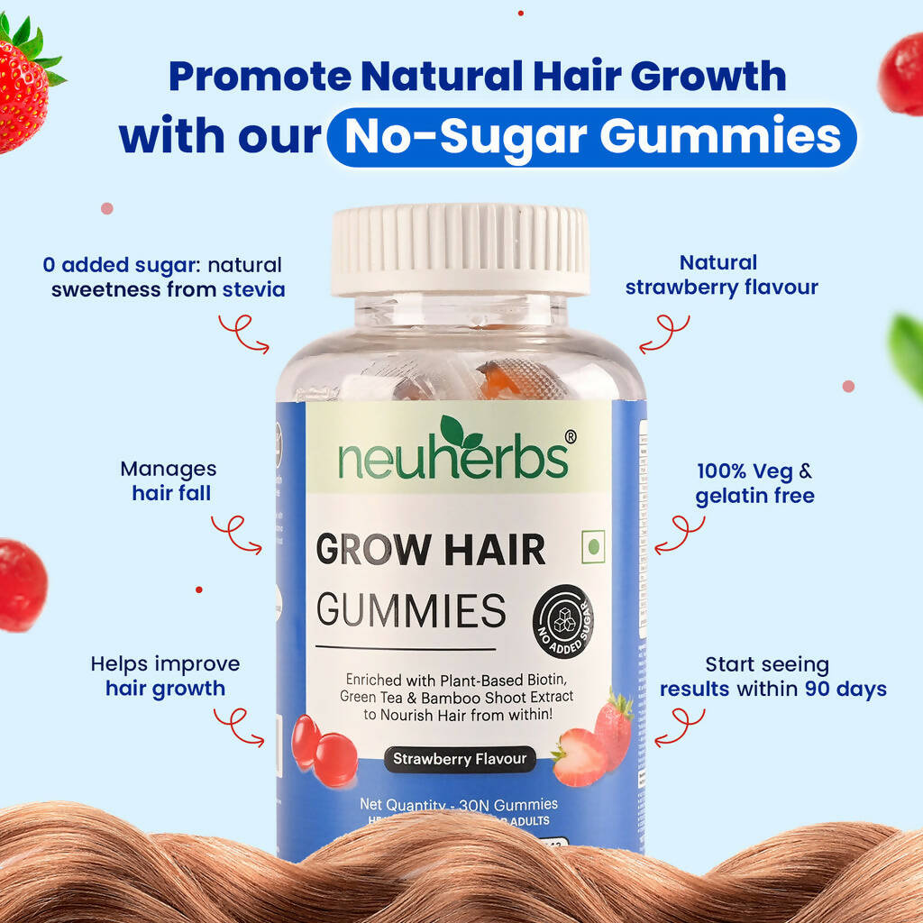 Neuherbs Grow Hair Gummies (No Added Sugar) - Strawberry Flavor | Grocsy
