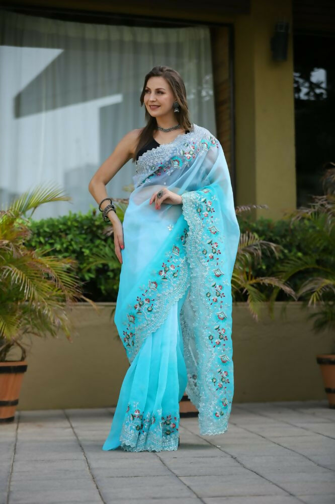 Vamsee Sanyogita Sanyogita - Sky Organza Saree | Grocsy