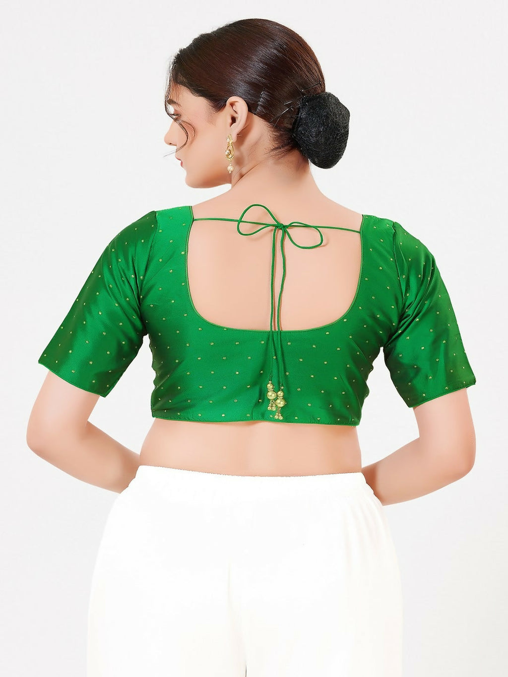 Joban Fashion Green Taffeta Silk Elbow Sleeveless Front Open Blouse | Grocsy