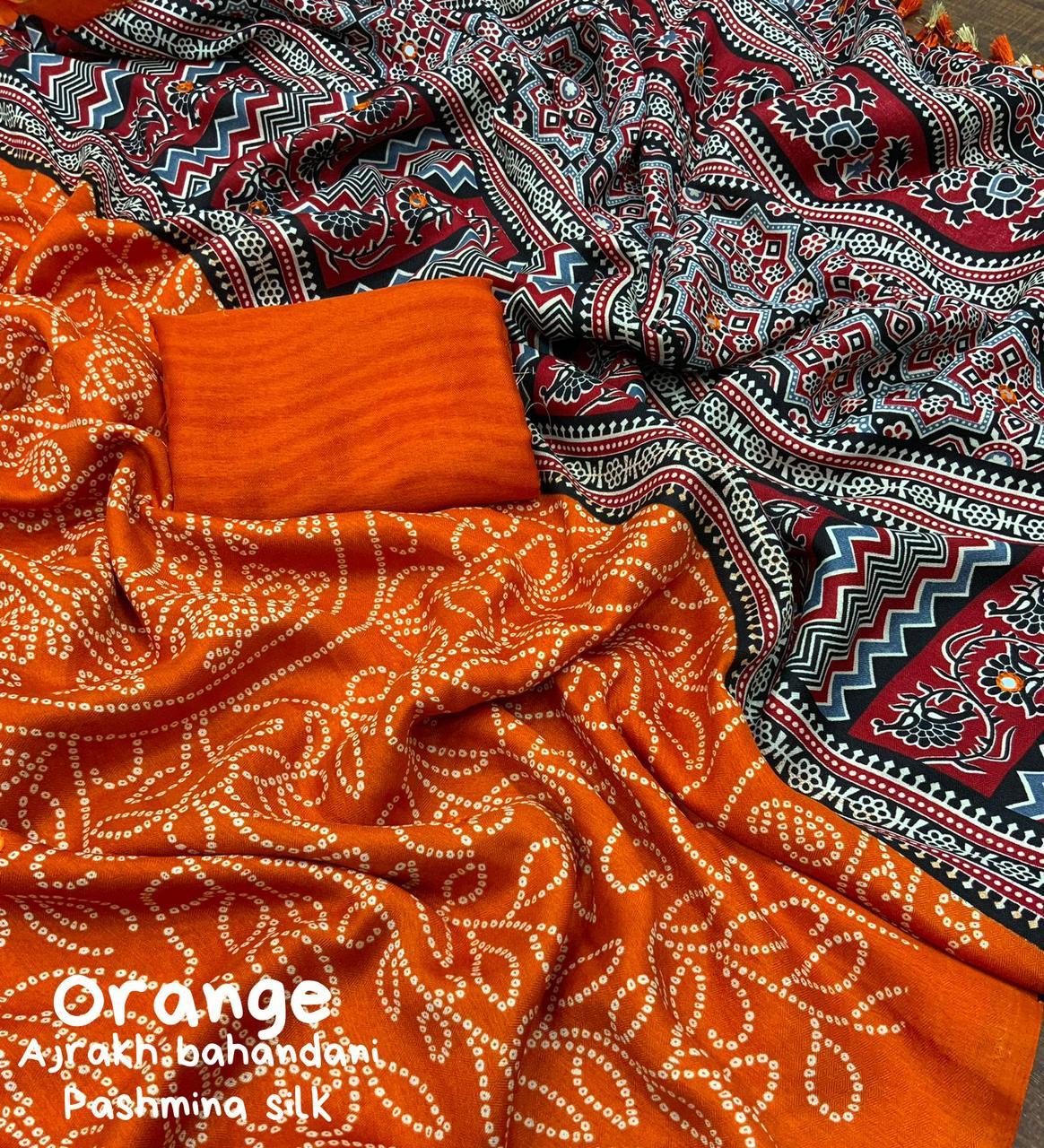 Orange Silk Blend Ajrak Saree with Unstitched Blouse - A2M | Grocsy
