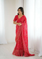 PR Fashion Red Georgette Patta Plain With Foil Work And Small Lace And Zalar Lace Saree | Grocsy