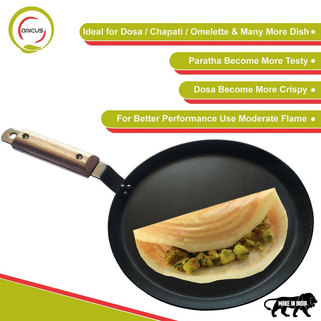 Amicus Pure Iron Tawa for Dosa Roti Chapati Paratha, Flat Iron Dosa Tava with Wooden Handle | Grocsy