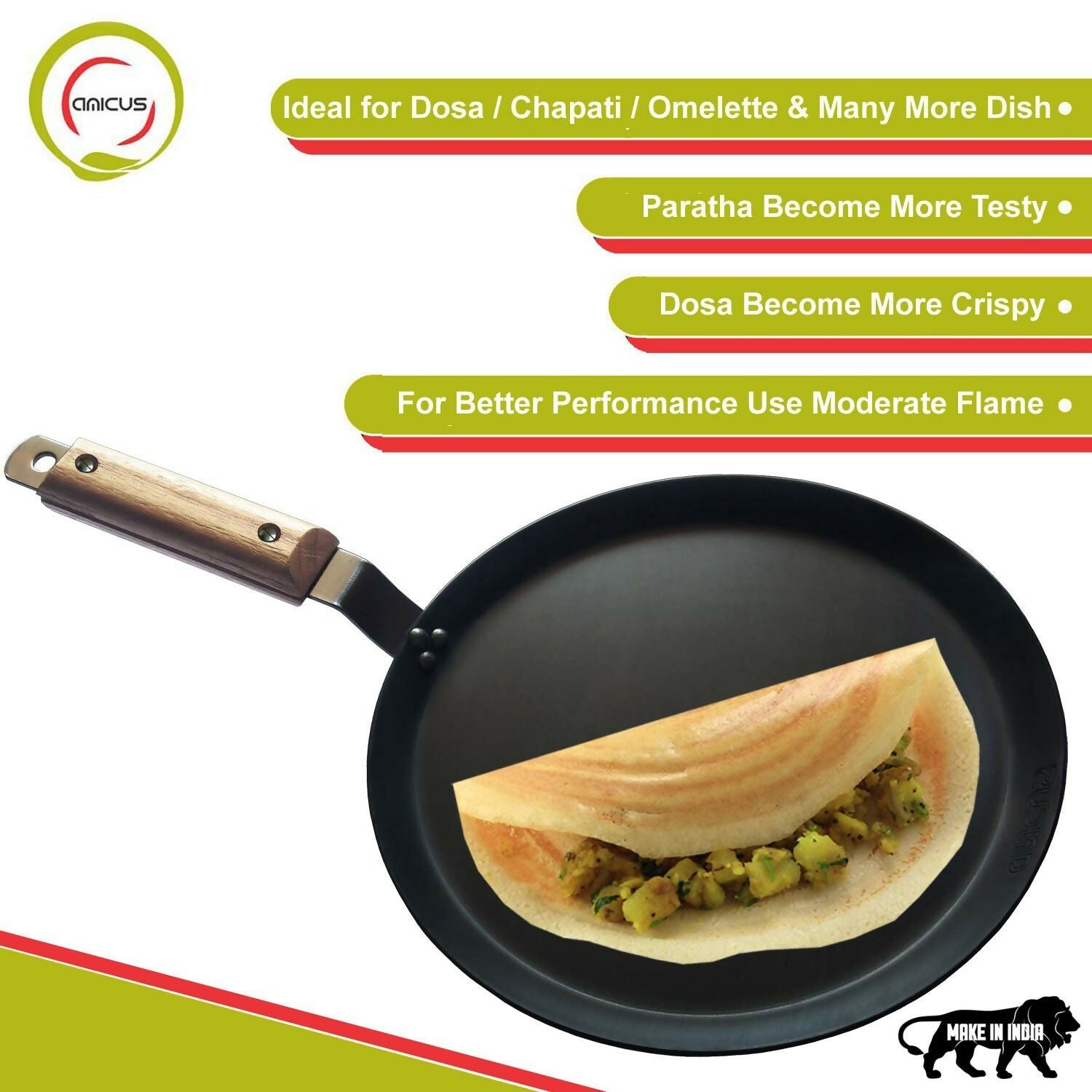 Amicus Pure Iron Tawa for Dosa Roti Chapati Paratha, Flat Iron Dosa Tava with Wooden Handle | Grocsy