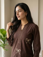 Teeya Creation Women New Trendy Chocolate Brown Embroidered Cotton Kurta with Palazzos | Grocsy