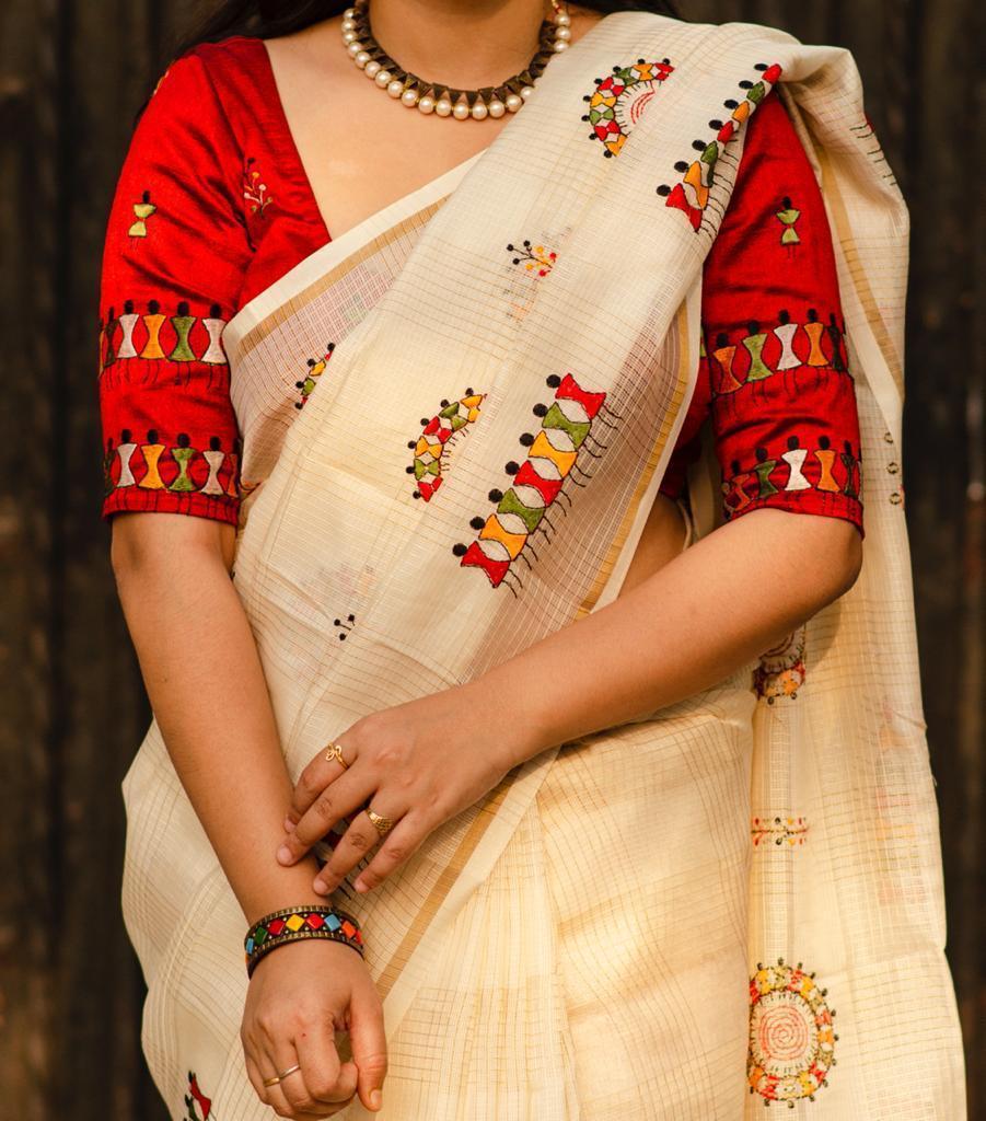 Cream Cotton Blend Warli Saree with Unstitched Blouse - A2M | Grocsy