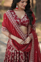 Vastranavya Designer Dyeable Pure Viscose Jacquard Fabric Lehenga Choli & Dupatta Set - Maroon | Grocsy