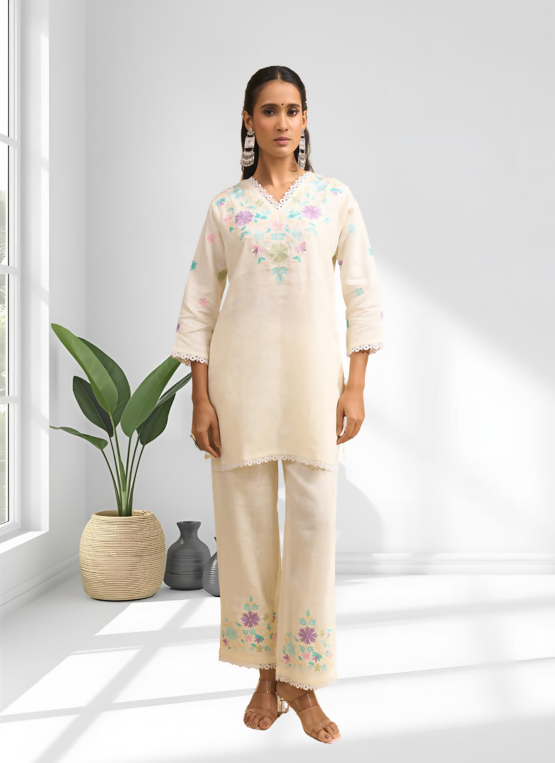 Joban Fashion Cream Linen Embroidered Readymade Cord Set | Grocsy