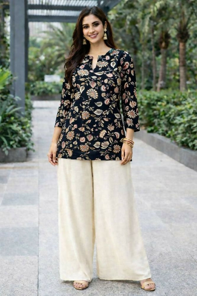 Teeya Creation Womens New Trendy Black Floral Printed Short Kurti with Beige Palazzo Set | Grocsy