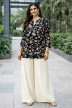 Teeya Creation Womens New Trendy Black Floral Printed Short Kurti with Beige Palazzo Set | Grocsy
