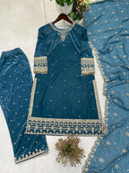 Vastranavya Sea Blue Velvet Sequence Embroidery Work Kurta & Bottom With Dupatta | Grocsy