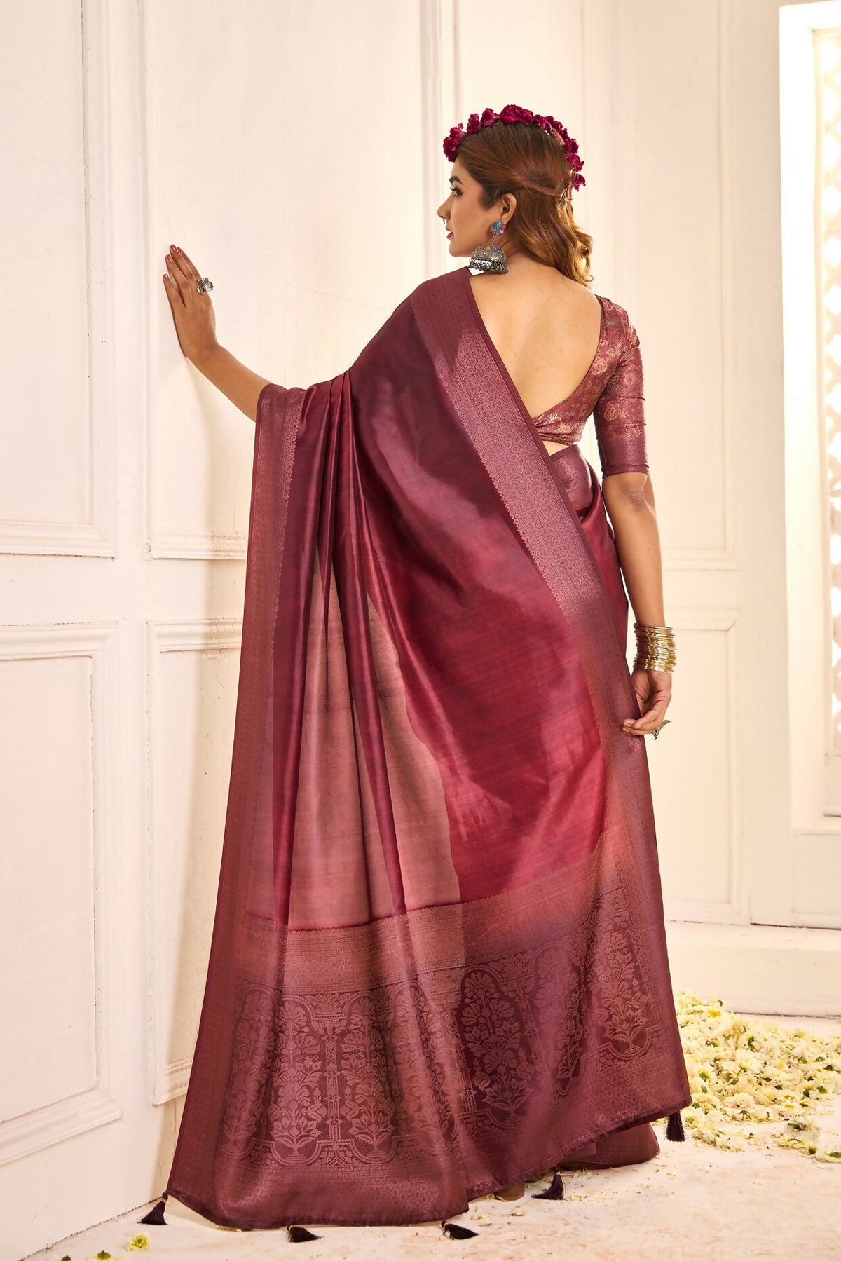 Joban Fashion Satin Silk With Zari Border Maroon Colored Designer Pallu Saree | Grocsy