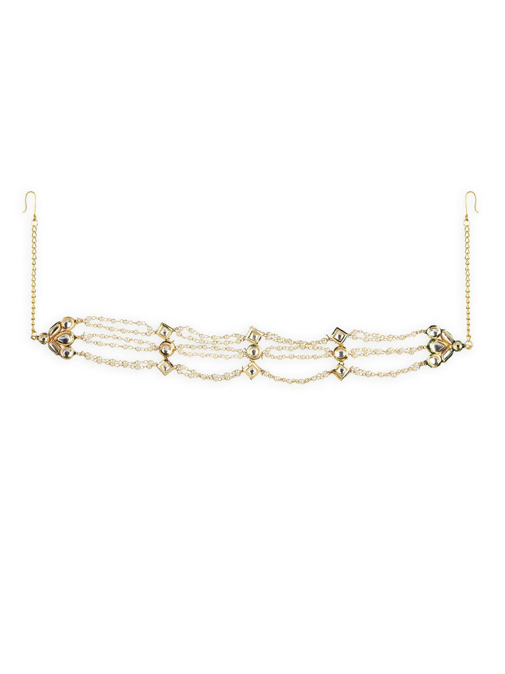 Gold-Polished White Kundan-Studded Pearl Head Chains - Ruby Raang | Grocsy
