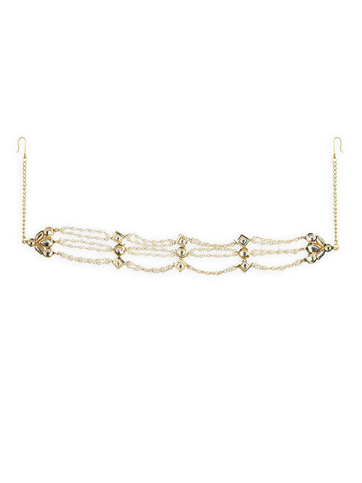 Gold-Polished White Kundan-Studded Pearl Head Chains - Ruby Raang | Grocsy