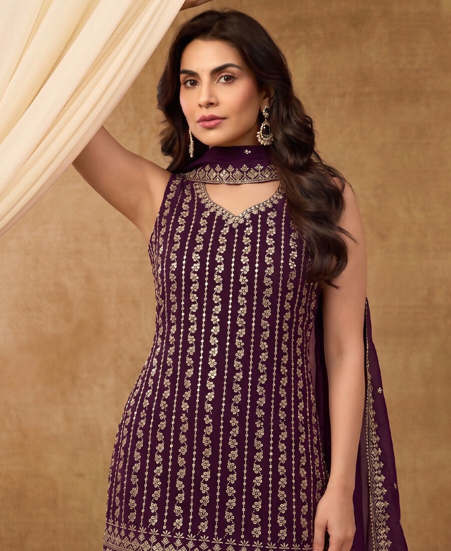 KC Latest Cocktail Wear Wine Chinon Sharara Suit For Women | Grocsy